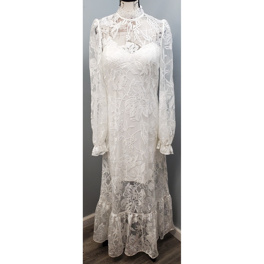 JW PEI Maxi Dress With Liner Womens 10 White Floral Lace Overlay Tiered Ruffled